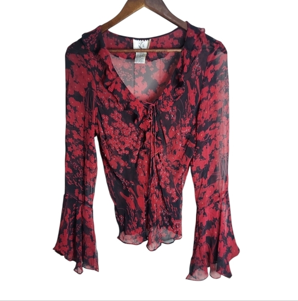 Ice Tops - Vintage Y2K ICE Floral Silk Beaded Blouse